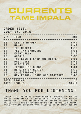 Tame Impala Currents Album Receipt