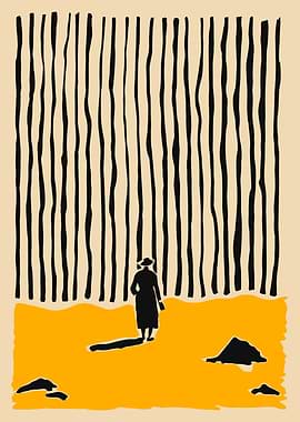 Person in Hat Walking Through Abstract Landscape