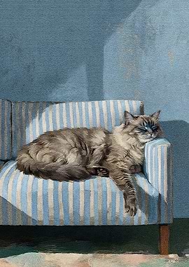Cat Nap on Striped Couch