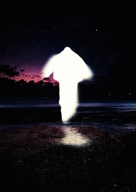 Glowing Figure Over Ocean at Night