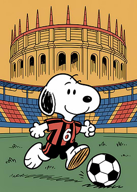 Snoopy playing soccer in stadium cartoon
