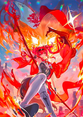 Anime Girl with Red Hair and Flag