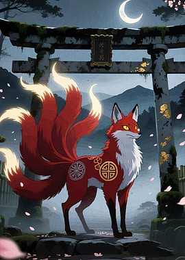Nine-tailed Fox in Japanese Landscape