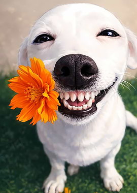 Dog with Orange Flower Smiling