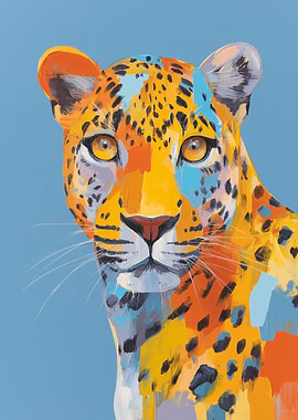 Colorful Leopard Portrait on Blue Background