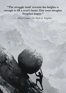 Sisyphus pushing boulder up mountain