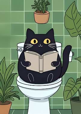 Black Cat Reading a Book on Toilet