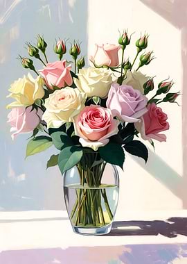 Pastel Roses in Glass Vase