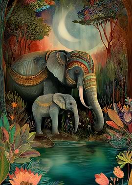 Elephant and Calf by Water