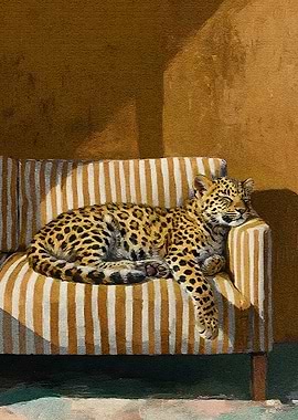 Leopard Resting on Striped Couch