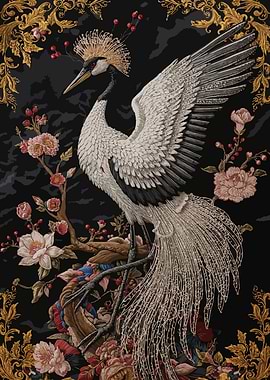 Elegant Crane Amidst Floral Embellishments