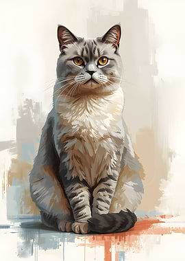 Painting of a fluffy grey cat
