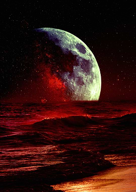 Red Ocean and Moon Fantasy Landscape