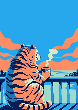 Tiger Enjoying Coffee on Balcony
