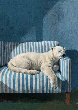 Sleeping Polar Bear on Striped Couch