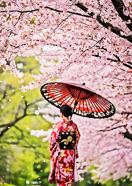 Woman in Kimono under Cherry Blossoms