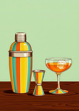 Mid-Century Cocktail Art - Retro 70s Bar Cart Decor - Striped Shaker, Jigger & Coupe in Teal & Orange