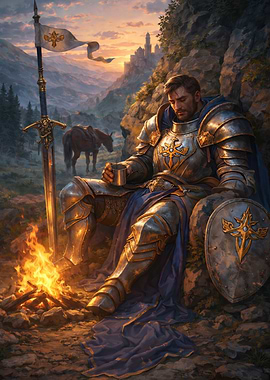Resting Knight by Campfire at Sunset