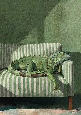 Iguana Resting on Striped Couch