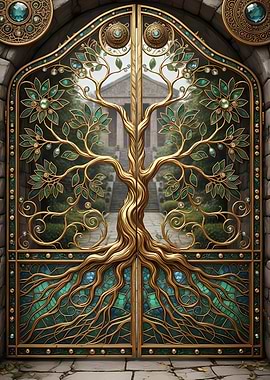Ornate Golden Tree Gate with Emerald Accents
