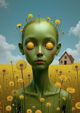 Green Alien in Dandelion Field