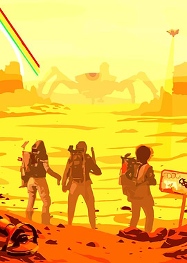 Sci-fi explorers facing giant robot