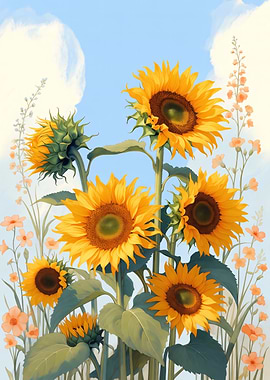 Sunflowers and Wildflowers Against a Blue Sky