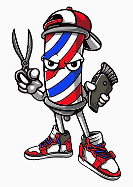 Cartoon Barber Pole Poster, Funny Barber Character Print, Barbershop Wall Art Decor