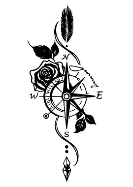 Compass, Rose, and Feather Tattoo Design