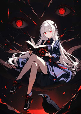 Anime Girl Reading with Raven and Eyes