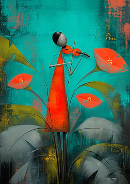 Abstract Violinist in Floral Setting