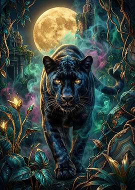 Black Panther in Jungle Moonlight