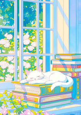 Cat Sleeping on Books by Window