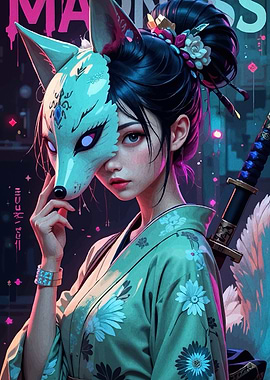 Kitsune Masked Woman with Katana