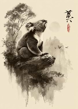 Koala in Japanese Ink Painting Style