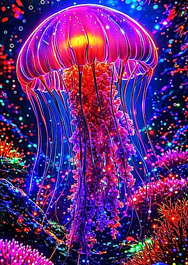 Great Art Bioluminescent Jellyfish Neon in Deep Sea