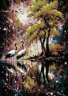 Great Art Two Cranes by a Tree