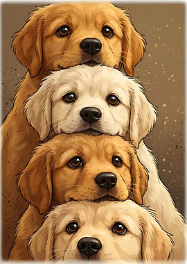 Stack of Cute Cartoon Golden Retriever Puppies