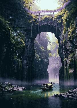 Boat navigating through a mystical gorge