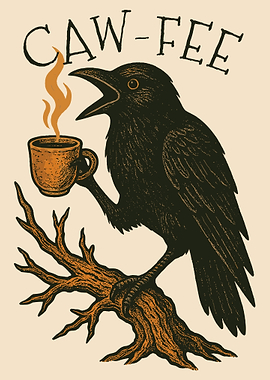 Caw-Fee Crow Poster, Coffee Lover Wall Art, Vintage Woodcut Style Kitchen Print