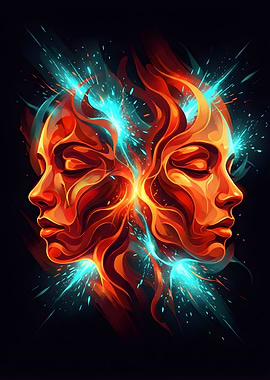 Fiery Twin Faces with Blue Energy