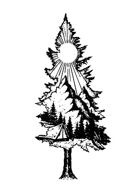Pine Tree with Mountain and Tent Scene