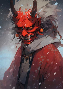 Red Oni Mask in Snow