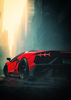 Red Sports Car in City Street Poster