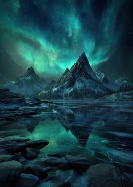 Aurora Borealis Over Snowy Mountains