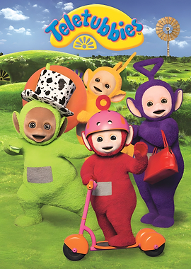 Teletubbies characters on a grassy hill