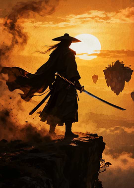 Samurai on Cliff at Sunset