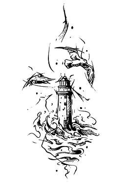 Lighthouse in Stormy Seas with Seagulls