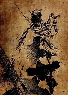 Samurai Battle in Ink Wash Style