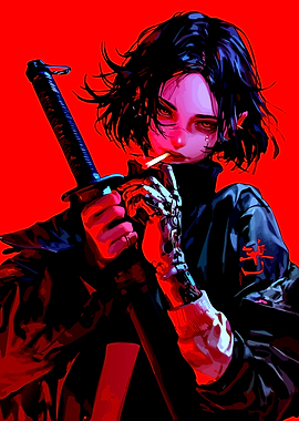 Cyberpunk Samurai Lighting Cigarette